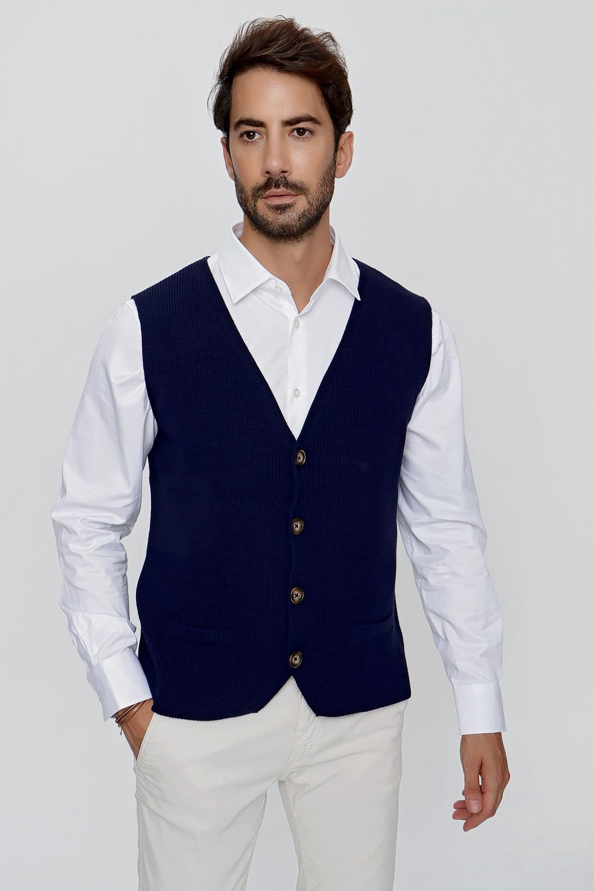 CHUBA Erkek Süs Cepli Regular Fit Triko Yelek Lacivert 23W218