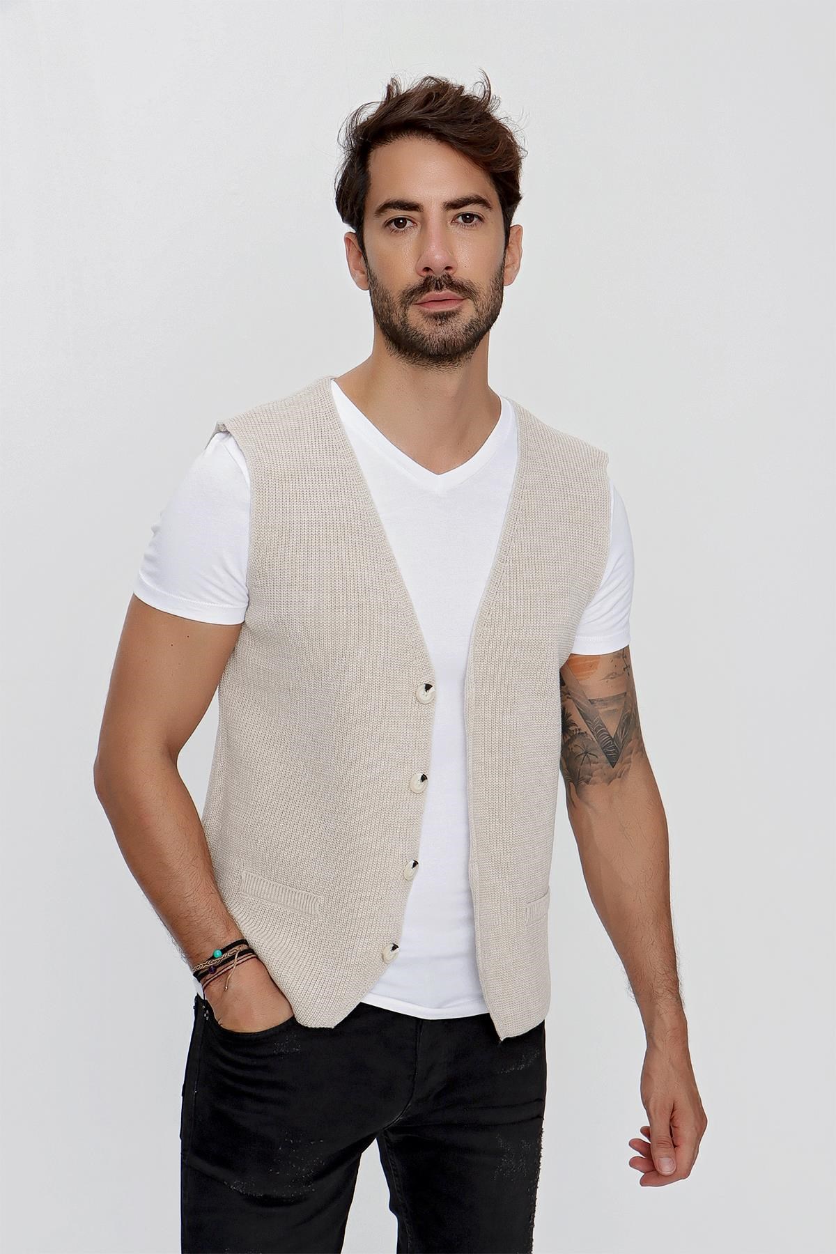 CHUBA Erkek Süs Cepli Regular Fit Triko Yelek Bej 23W218