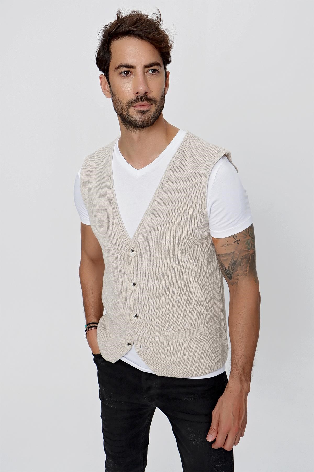 CHUBA Erkek Süs Cepli Regular Fit Triko Yelek Bej 23W218