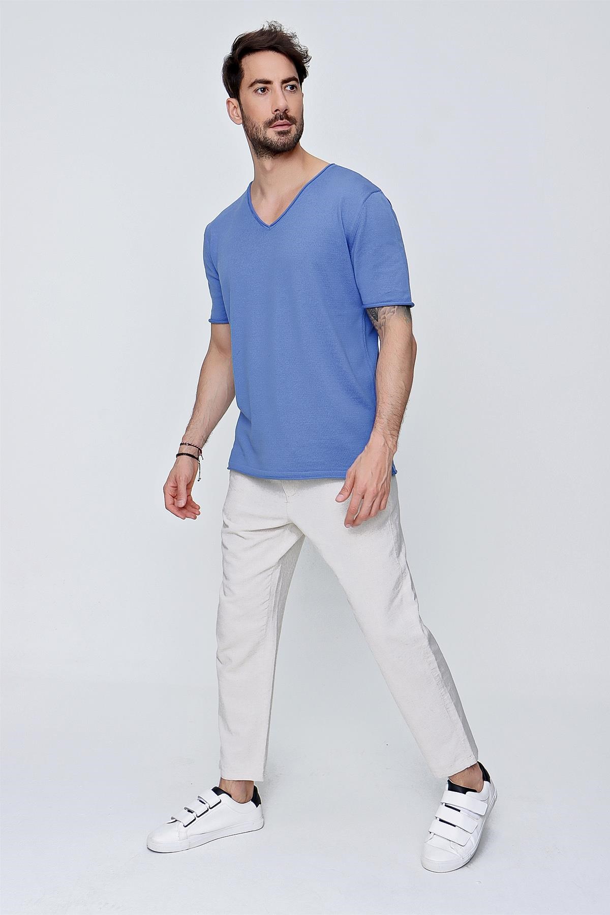 Chuba Erkek V Yaka Loose Fit Pamuklu İnce Triko T-Shirt İndigo  22SM204