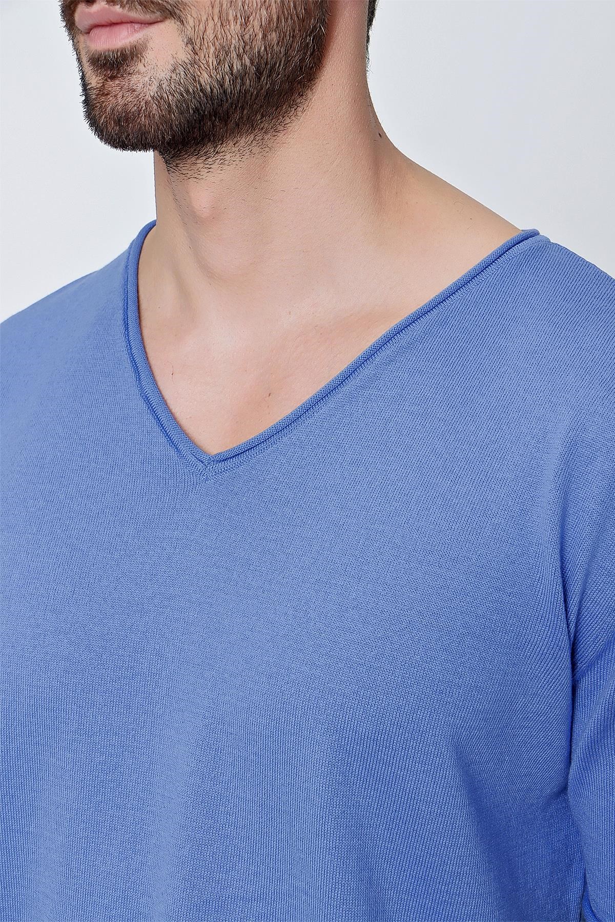 Chuba Erkek V Yaka Loose Fit Pamuklu İnce Triko T-Shirt İndigo  22SM204