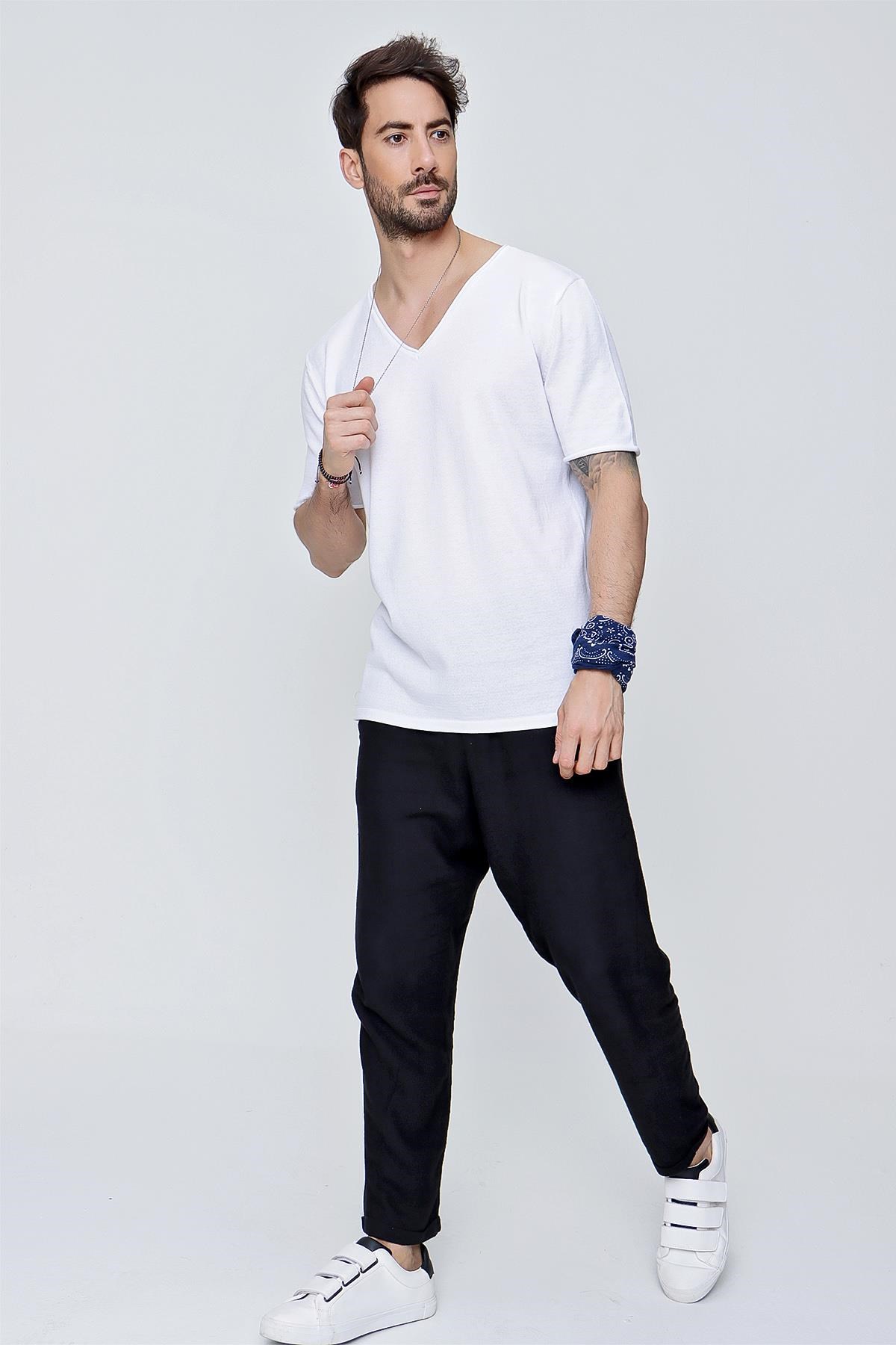 Chuba Erkek V Yaka Loose Fit Pamuklu İnce Triko T-Shirt Beyaz  22SM204
