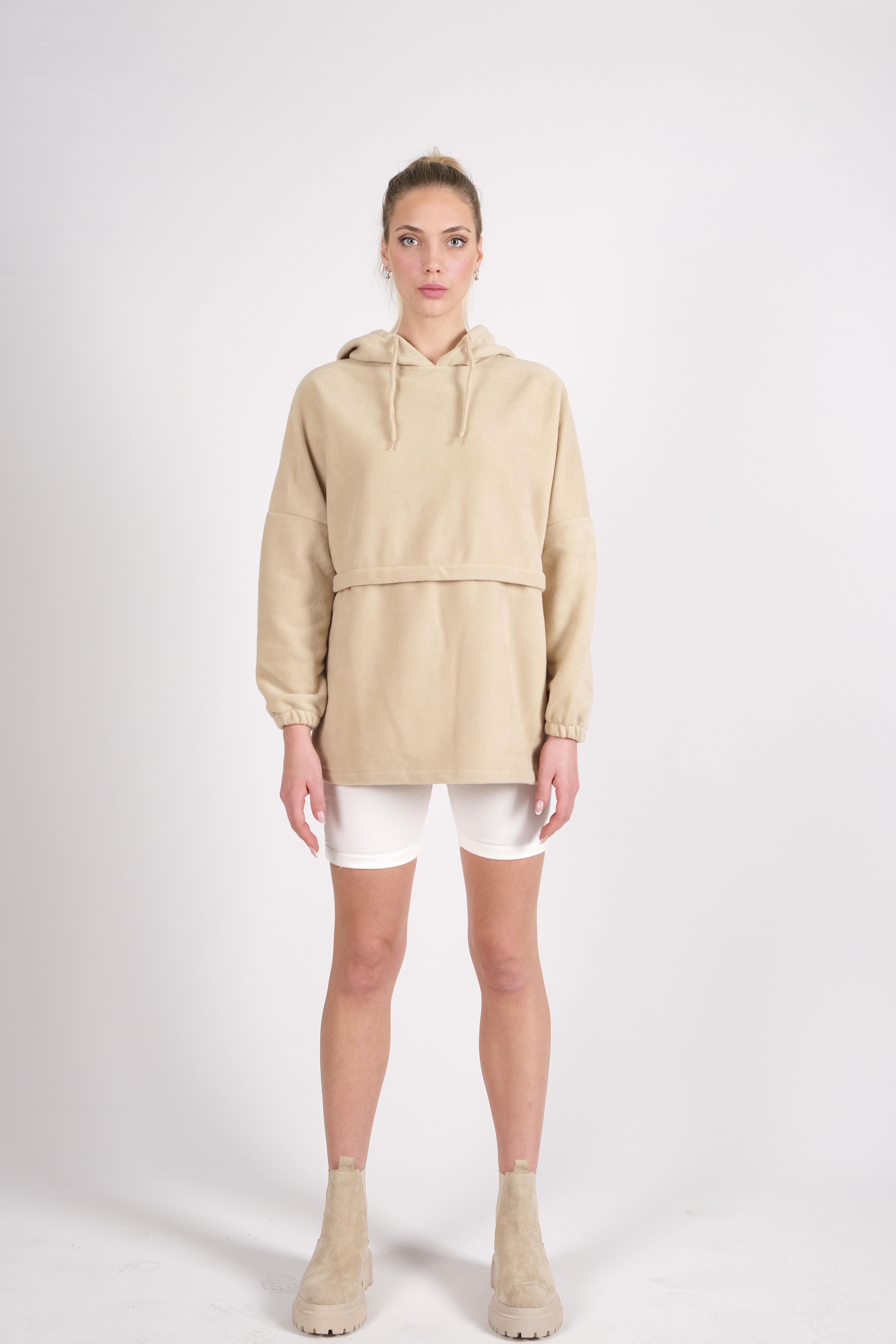 CHUBA Kadın Bej Kapüşonlu Oversize Outdoor Retro Polar Hoodie 22WK299
