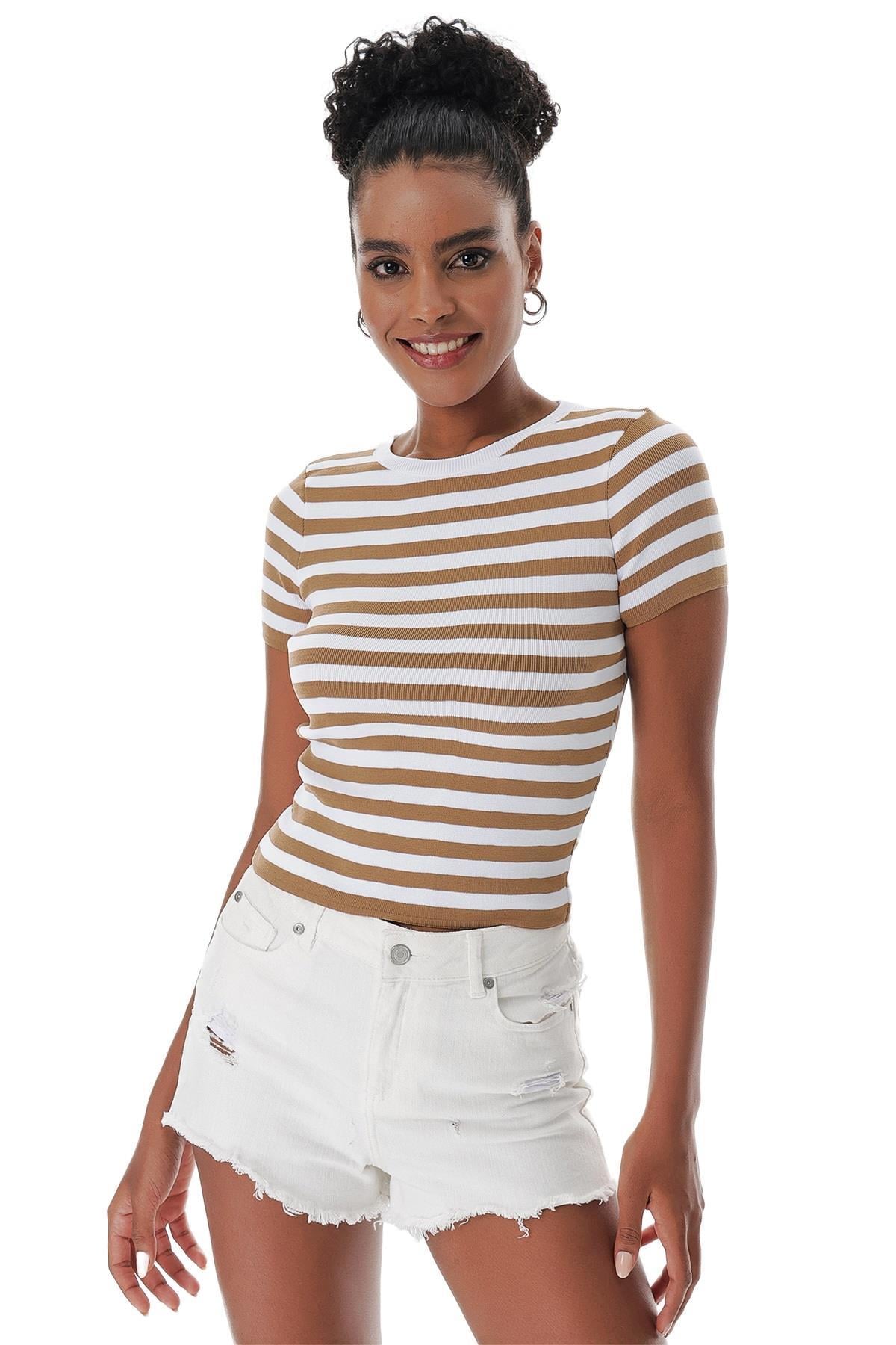 Chuba Kadın Bisiklet Yaka Çizgili Kısa Kollu Triko T-Shirt Taba-Beyaz 23S1011