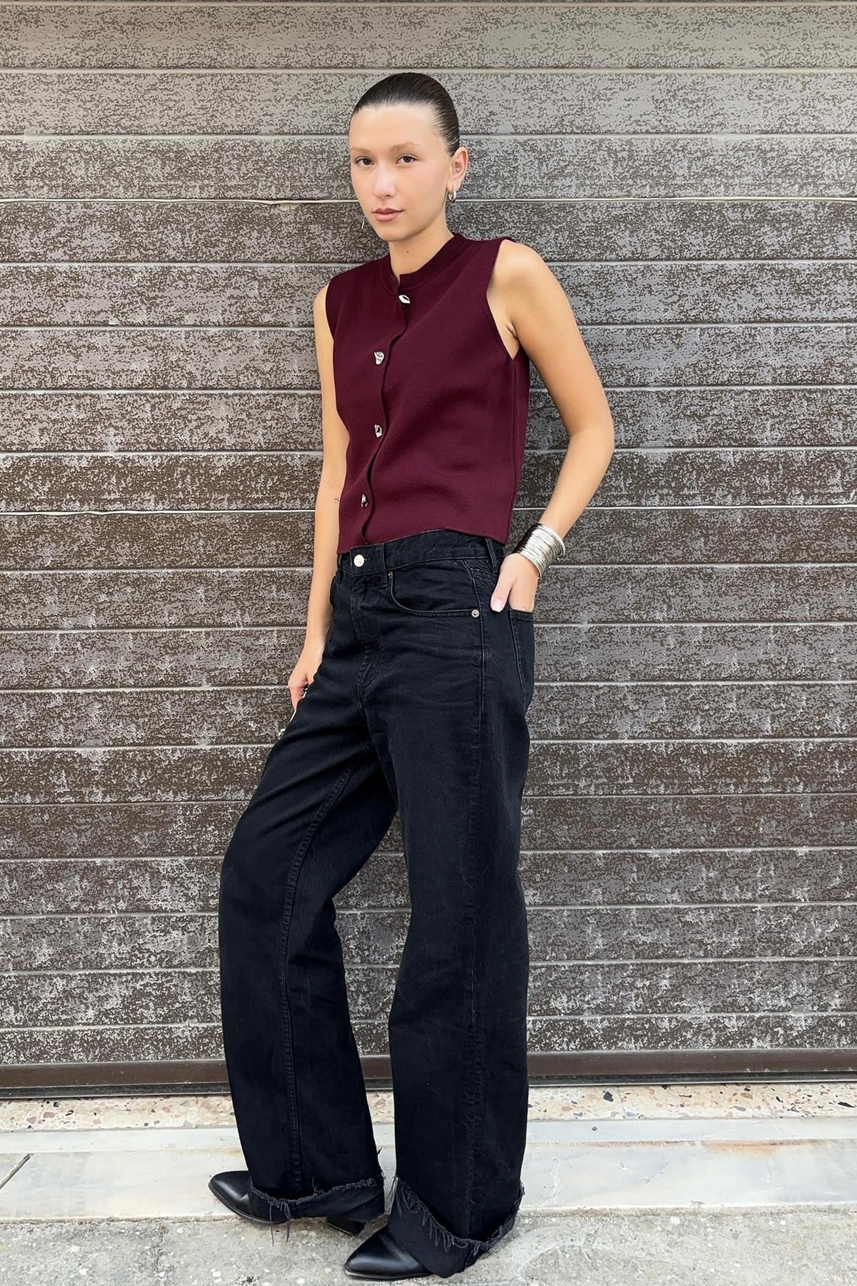 Chuba Kadın Bisiklet Yaka Gümüş Düğme Aksesuarlı Triko Yelek Bordo 26W3035