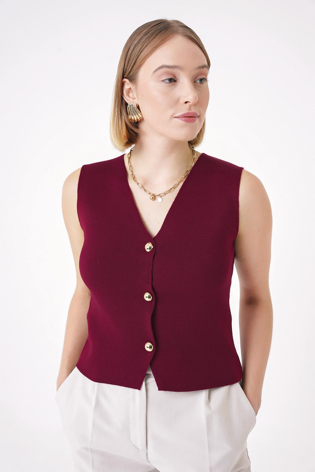 Chuba Kadın Gold Düğmeli Dokulu Regular Fit Triko Yelek Bordo 25W3001