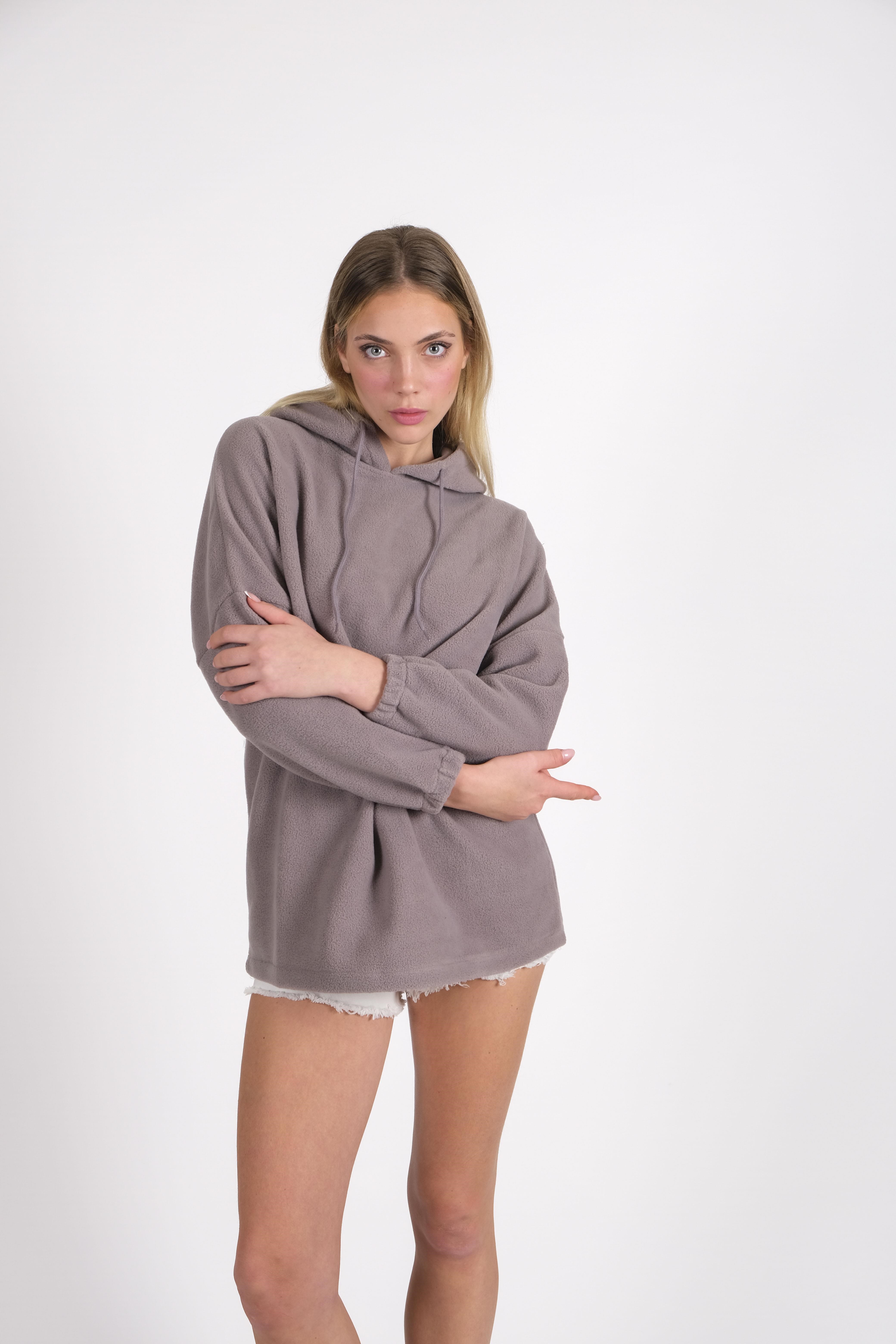 CHUBA Kadın Gri Kapüşonlu Oversize Outdoor Retro Polar Hoodie 22WK299