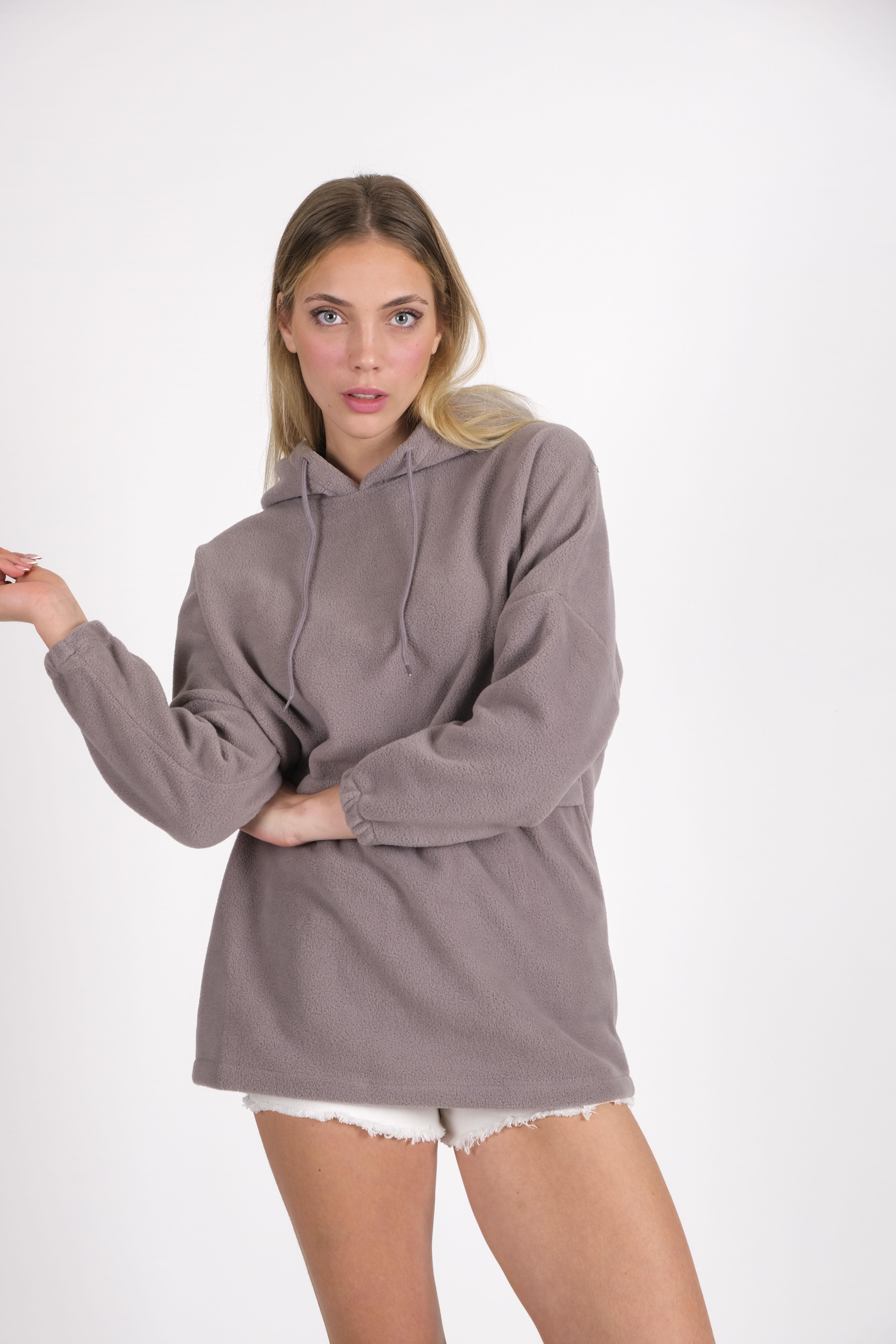 CHUBA Kadın Gri Kapüşonlu Oversize Outdoor Retro Polar Hoodie 22WK299