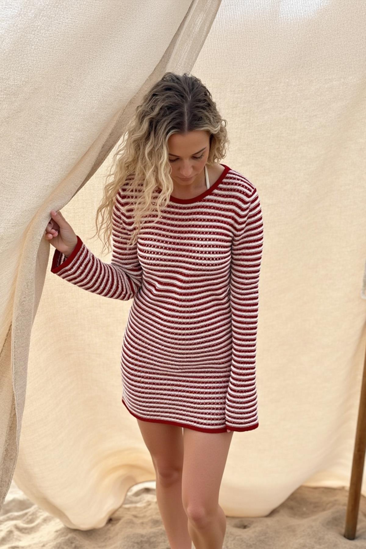 Chuba Kadın İspanyol Kol Ajurlu Çizgili Mini Triko Plaj Elbisesi Kırmızı-Beyaz 25S3024