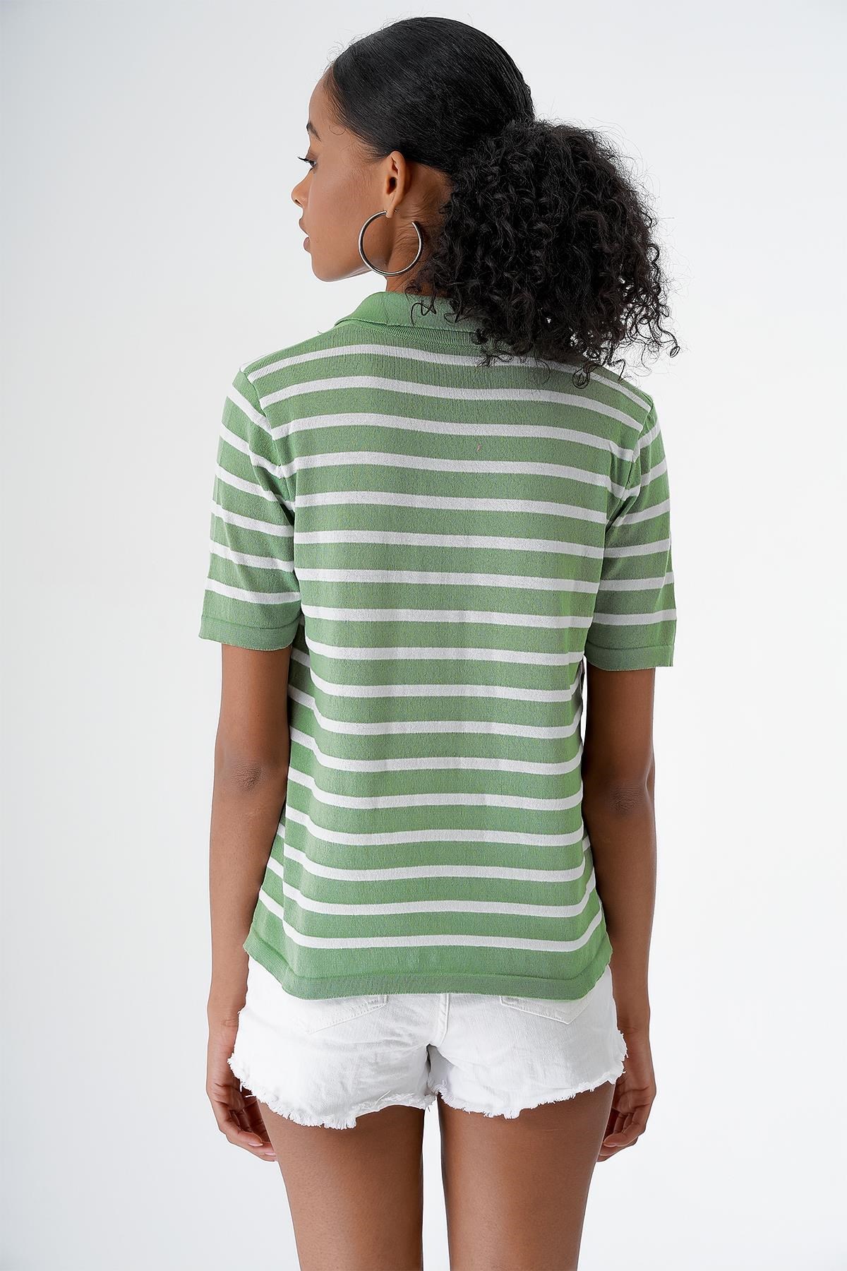 Chuba Kadın Polo Yaka Kısa Kollu Çizgili Triko T-Shirt Yeşil-Beyaz 24S157