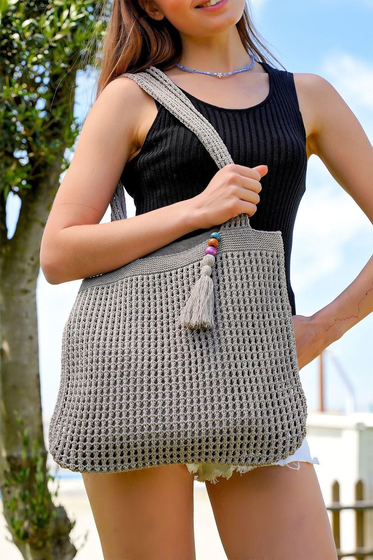 Chuba Kadın Triko Örgü Omuz Askılı Astarlı Shopper Gündelik El&Omuz Ve Plaj Çantası Vizon CHAX801