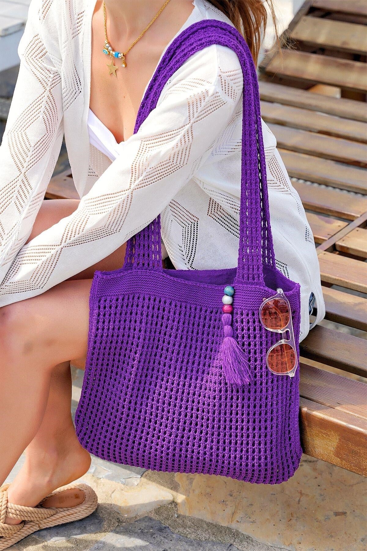 Chuba Kadın Triko Örgü Omuz Askılı Astarlı Shopper Gündelik El&Omuz Ve Plaj Çantası Mor CHAX801