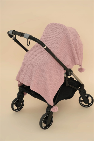 Chuba Çocuk Hasır Desenli Ponponlu Triko Battaniye (80cmx100cm) Pudra CHKIDS203