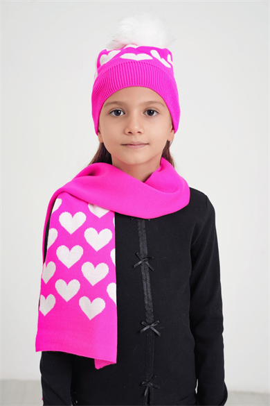 Chuba Çocuk Kalp Desenli Ponponlu Atkı Bere Takımı 7-9 & 10-12 Yaş Fuşya CHKIDS105