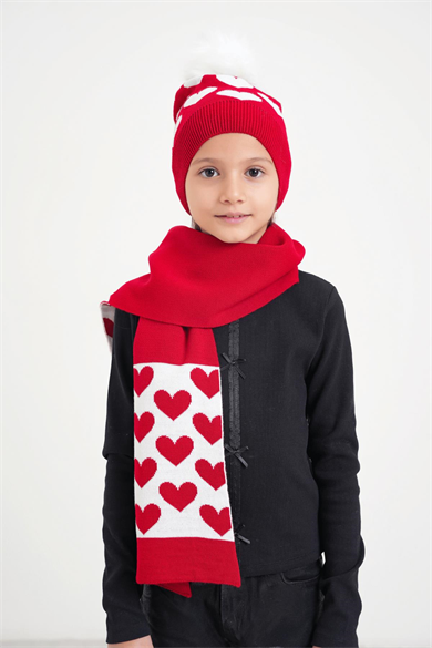 Chuba Çocuk Kalp Desenli Ponponlu Atkı Bere Takımı 7-9 & 10-12 Yaş Kırmızı CHKIDS105