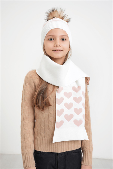 Chuba Çocuk Kalp Desenli Ponponlu Atkı Bere Takımı 7-9 & 10-12 Yaş Beyaz CHKIDS105