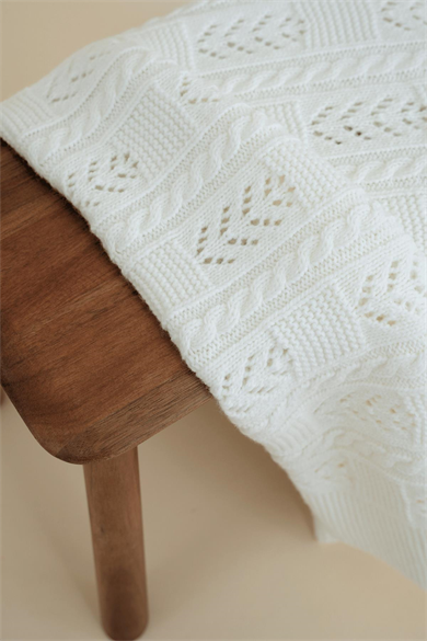 Chuba Çocuk Örgü Desenli Ponponlu Triko Battaniye (80cmx100cm) Ekru CHKIDS201