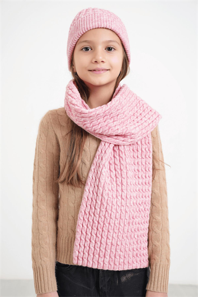 Chuba Çocuk Saç Örgü Yumuşak Tuşe Triko Atkı Bere Takımı 7-9 & 10-12 Yaş Pembe CHKIDS103