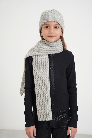 Chuba Çocuk Saç Örgü Yumuşak Tuşe Triko Atkı Bere Takımı 7-9 & 10-12 Yaş Gri CHKIDS103