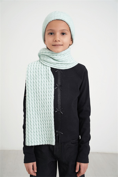 Chuba Çocuk Saç Örgü Yumuşak Tuşe Triko Atkı Bere Takımı 7-9 & 10-12 Yaş Mint CHKIDS103