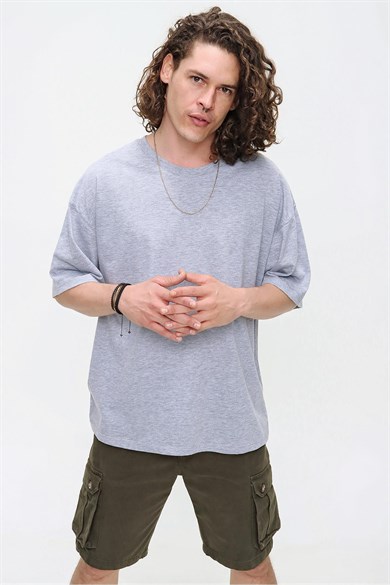 Chuba Erkek Açık Gri Bisiklet Yaka Oversize Basic Pamuklu T-Shirt 21S102