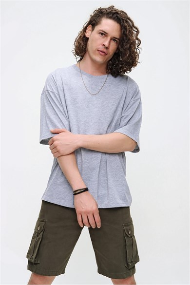 Chuba Erkek Açık Gri Bisiklet Yaka Oversize Basic Pamuklu T-Shirt 21S102