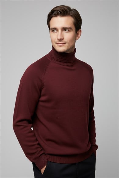Chuba Erkek Balıkçı Yaka Standart Fit İtalyan Reglan Triko Kazak Bordo 26W2013