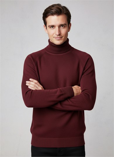 Chuba Erkek Balıkçı Yaka Standart Fit İtalyan Reglan Triko Kazak Bordo 26W2013