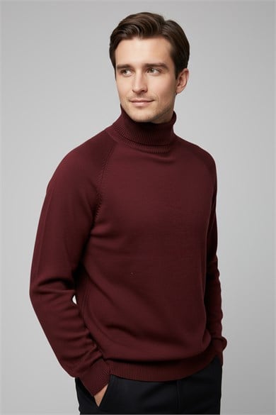 Chuba Erkek Balıkçı Yaka Standart Fit İtalyan Reglan Triko Kazak Bordo 26W2013