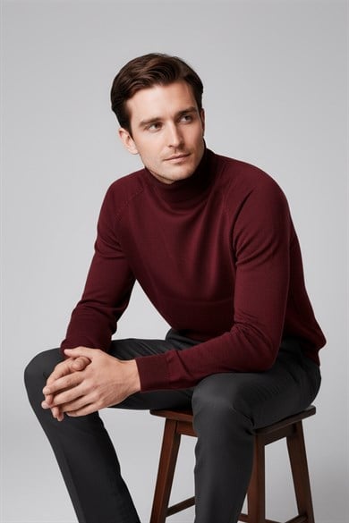 Chuba Erkek Balıkçı Yaka Standart Fit İtalyan Reglan Triko Kazak Bordo 26W2013