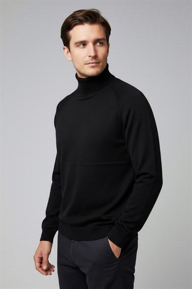 Chuba Erkek Balıkçı Yaka Standart Fit İtalyan Reglan Triko Kazak Siyah 26W2013