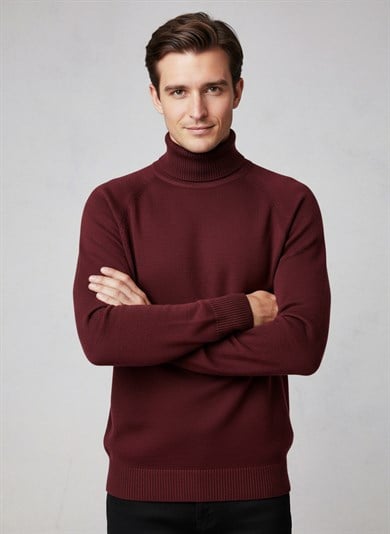 Chuba Erkek Balıkçı Yaka Standart Fit İtalyan Reglan Triko Kazak Bordo 26W2013