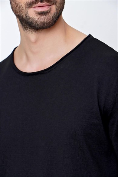 Chuba Erkek Bisiklet Yaka Geniş Kalıp Pamuklu İnce Triko T-Shirt Siyah 22SM210