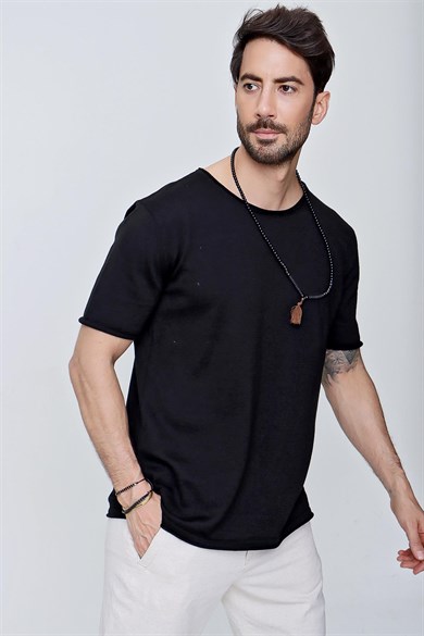 Chuba Erkek Bisiklet Yaka Geniş Kalıp Pamuklu İnce Triko T-Shirt Siyah 22SM210