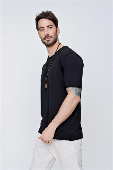 Chuba Erkek Bisiklet Yaka Geniş Kalıp Pamuklu İnce Triko T-Shirt Siyah 22SM210