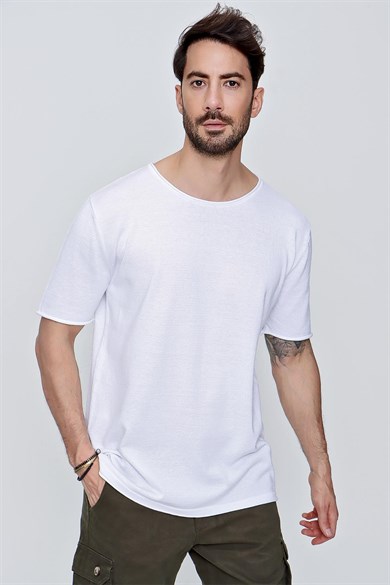 Chuba Erkek Bisiklet Yaka Geniş Kalıp Pamuklu İnce Triko T-Shirt Beyaz 22SM210