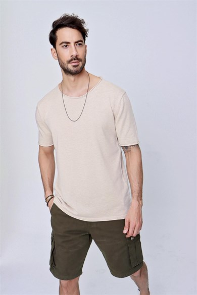 Chuba Erkek Bisiklet Yaka Geniş Kalıp Pamuklu İnce Triko T-Shirt Bej  22SM210