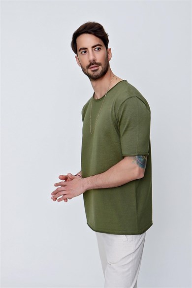 Chuba Erkek Bisiklet Yaka Geniş Kalıp Pamuklu İnce Triko T-Shirt Haki 22SM210