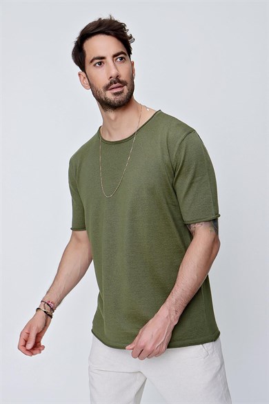 Chuba Erkek Bisiklet Yaka Geniş Kalıp Pamuklu İnce Triko T-Shirt Haki 22SM210