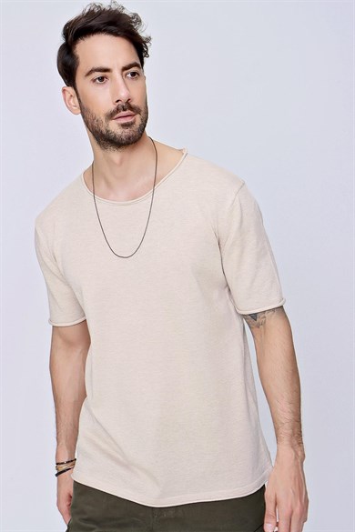 Chuba Erkek Bisiklet Yaka Geniş Kalıp Pamuklu İnce Triko T-Shirt Bej  22SM210