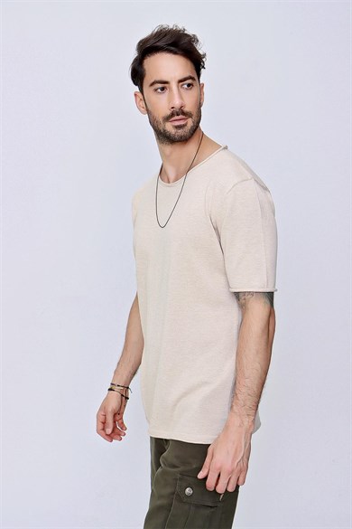 Chuba Erkek Bisiklet Yaka Geniş Kalıp Pamuklu İnce Triko T-Shirt Bej  22SM210