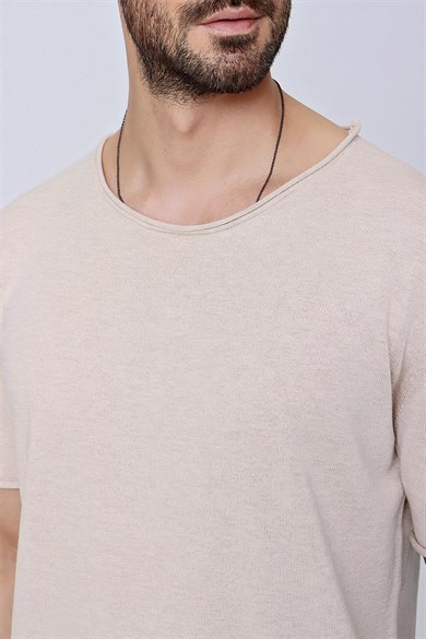 Chuba Erkek Bisiklet Yaka Geniş Kalıp Pamuklu İnce Triko T-Shirt Bej  22SM210