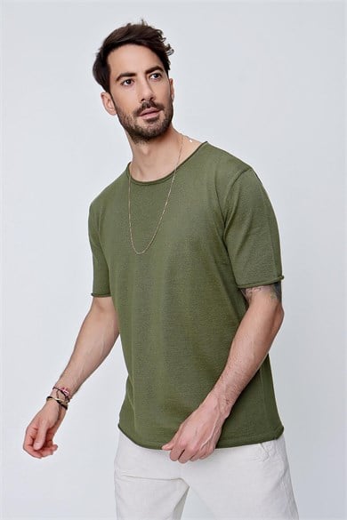 Chuba Erkek Bisiklet Yaka Geniş Kalıp Pamuklu İnce Triko T-Shirt Haki 22SM210
