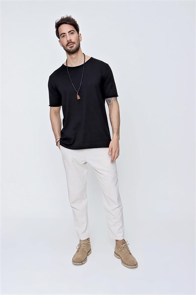 Chuba Erkek Bisiklet Yaka Geniş Kalıp Pamuklu İnce Triko T-Shirt Siyah 22SM210