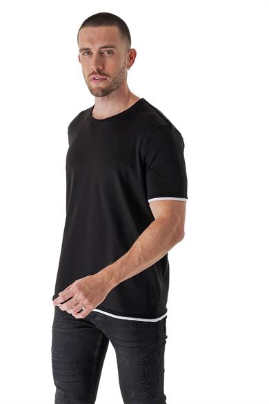 Chuba Erkek Bisiklet Yaka Kombin Detaylı Pamuklu İnce Triko T-Shirt Siyah 23S2005