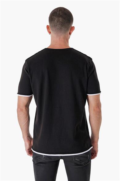 Chuba Erkek Bisiklet Yaka Kombin Detaylı Pamuklu İnce Triko T-Shirt Siyah 23S2005