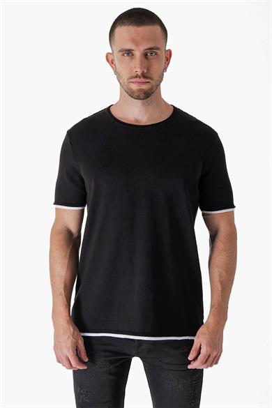 Chuba Erkek Bisiklet Yaka Kombin Detaylı Pamuklu İnce Triko T-Shirt Siyah 23S2005