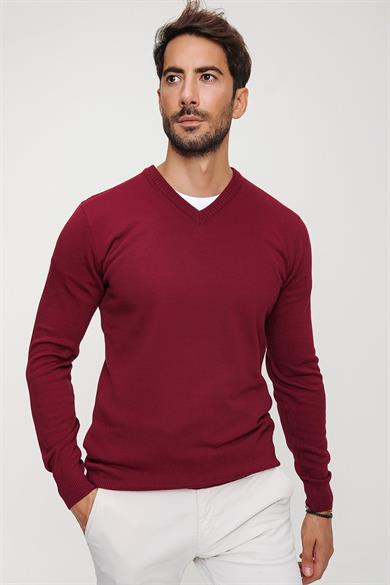 Chuba Erkek Bordo V Yaka Triko Kazak 20W151