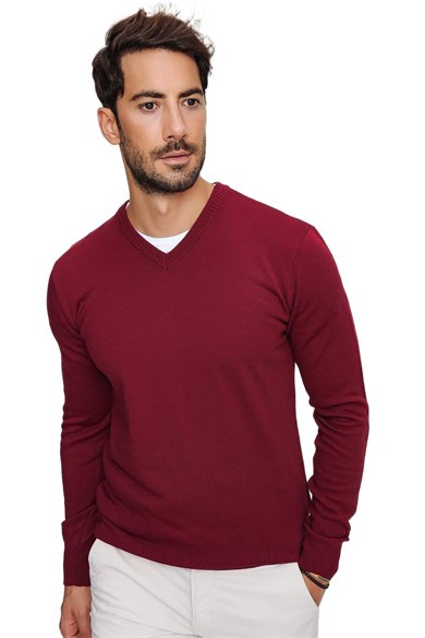 Chuba Erkek Bordo V Yaka Triko Kazak 20W151