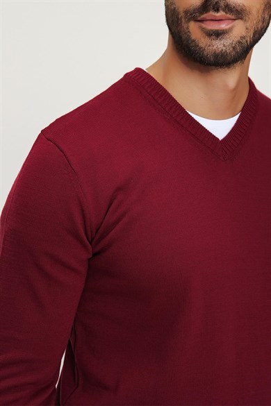 Chuba Erkek Bordo V Yaka Triko Kazak 20W151